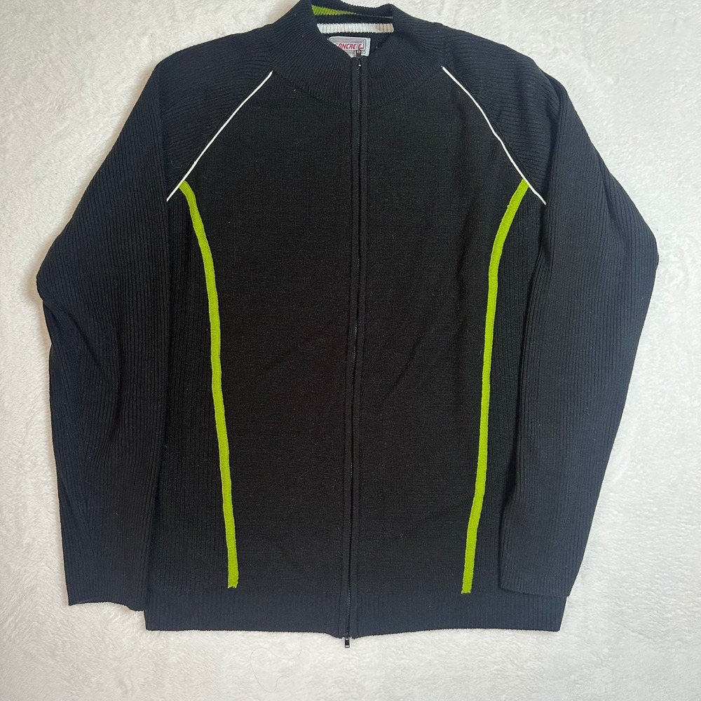 Vintage Concrete Y2K Full Zip Ribbed Sweater XL Black Lime Green Cyber Moto 90s